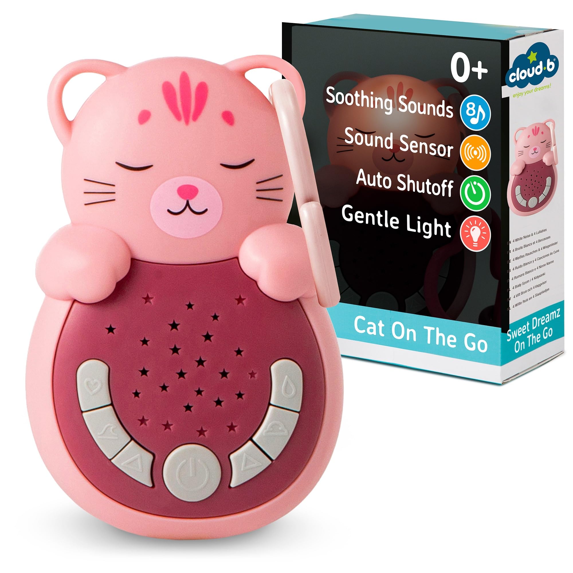 Cloud b Sweet Dreamz On The Go | Macchina del Suono da Viaggio con Luce Calmante | 4 Rumori Bianchi & Ninne Nanne Rilassanti | Sensore Smart Riattivante & Bagliore Soffice |Aiuto Sonno Neonato| Gatto
