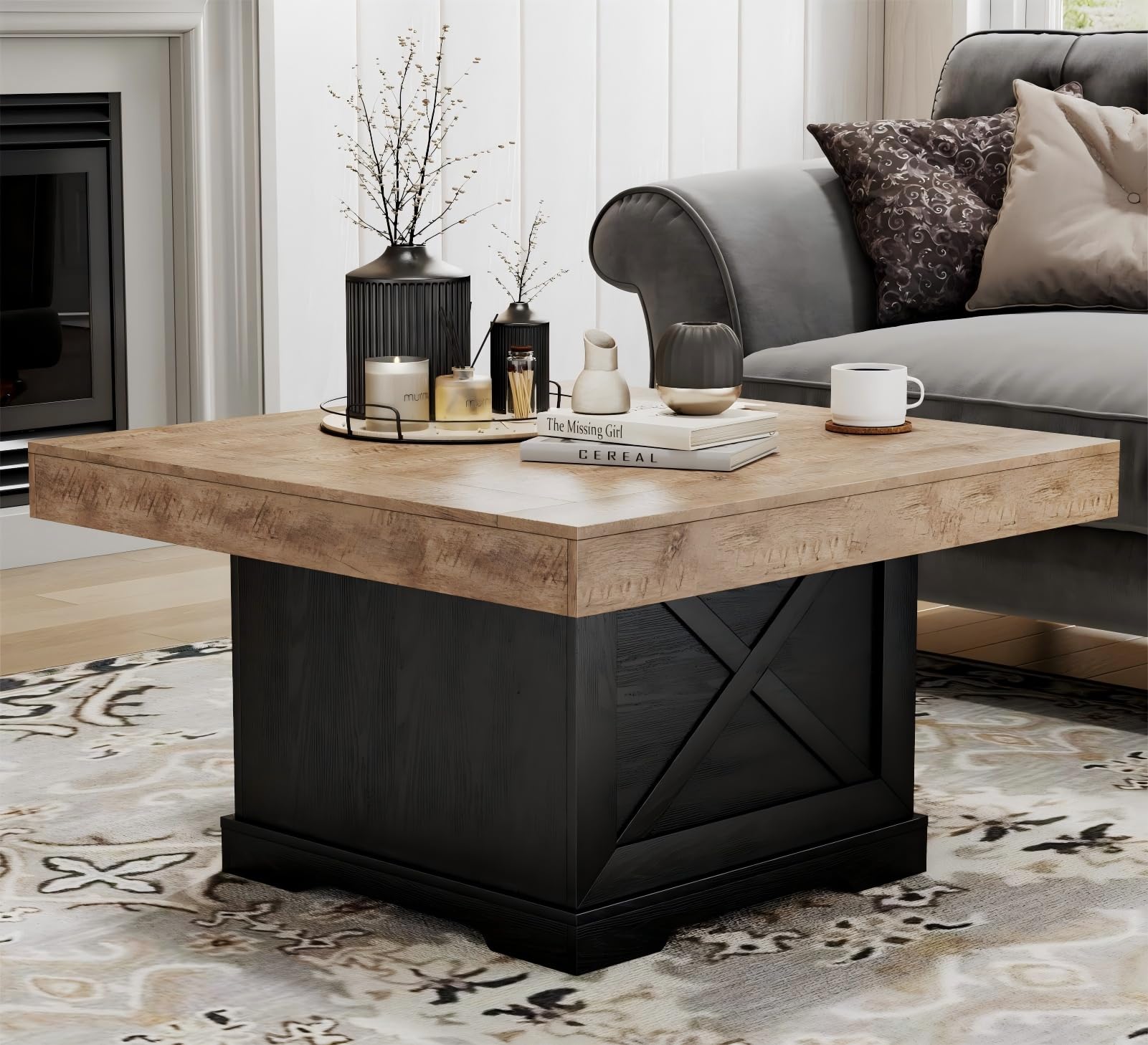 Coffee Table 31 5 in Rustic Center Table with X Design Wooden Pedestal for Living Room Dark Oak