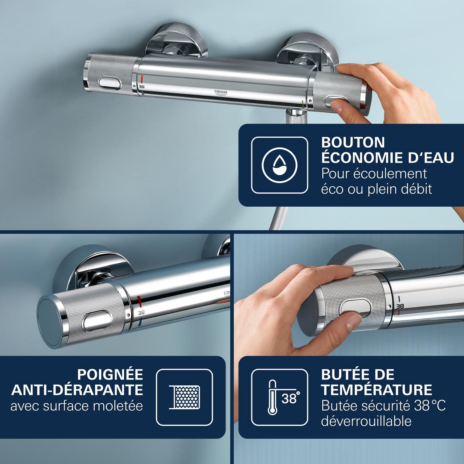 GROHE Mitigeur thermostatique douche Precision Feel, montage mural, indicateur de température, filtres intégrés, poignées métalliques, rosaces incluses, chromé, 34788000 (Import Allemagne)