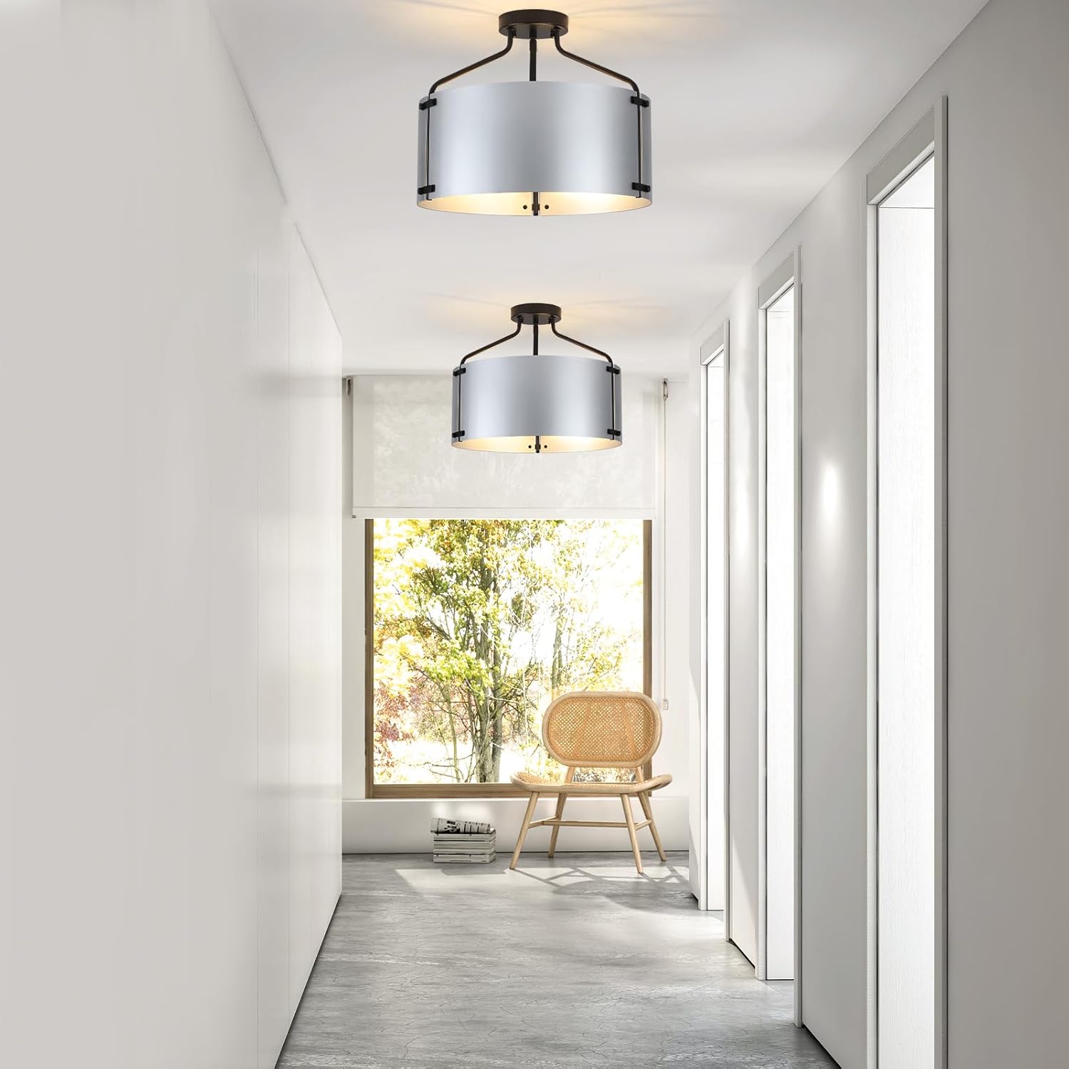 Kitchen Lighting Fixtures Ceiling,16''Silver Chandelier Light Fixture,Drum Bedroom Ceiling Lights,3-Light Close to Ceiling Light Fixtures for Farmhouse Hallway Porch Entryway