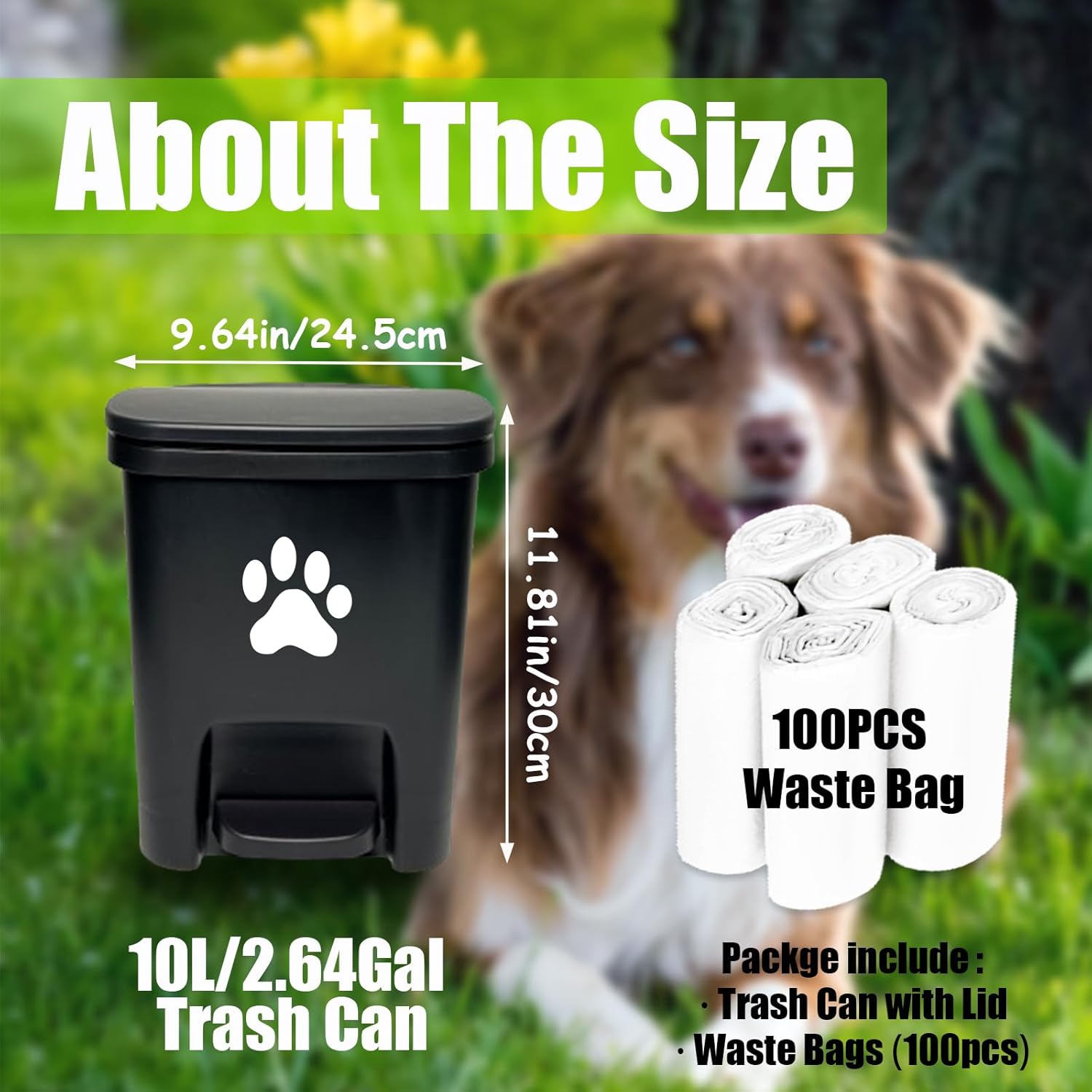 Tebiete Dog Poop Trash Can Outdoors Pet Waste Station with Lid Hands-Free Pedal Garden Yard Home with 100pc Waste Bags, Black 2.6Gal/10L Black 2.6Gal/10L Black
