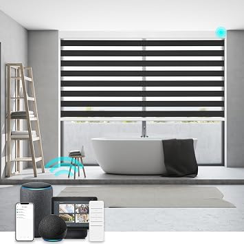 Changshade Smart Zebra Blinds Motorized Shades Remote Control for Indoor Windows, Custom Size Electric Solar Panel Power Automatic Work with Alexa, Google Home, Apple Homekit, Blackout, Black