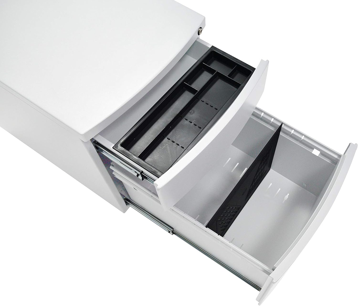 Top drawer open showing a black pencil tray, and bottom drawer open showing a file divider