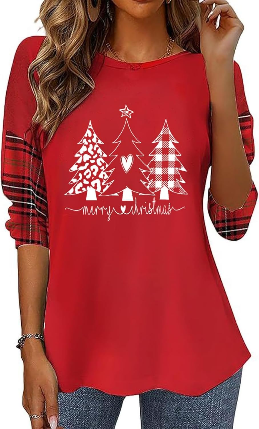 Women Funny Christmas Graphic Shirt Xmas Striped Splicing Long Sleeve Tee image 2