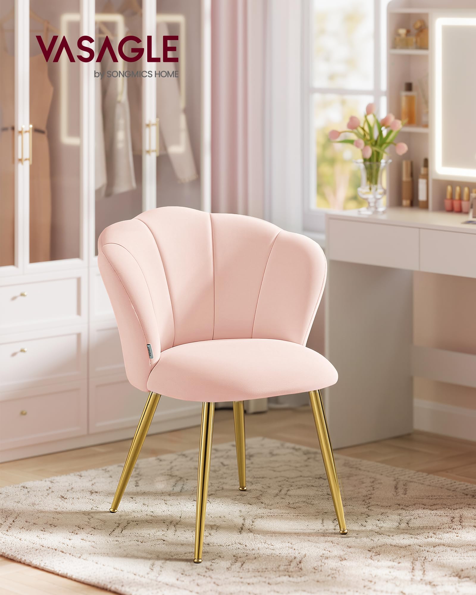 VASAGLE Silla de Comedor, Respaldo en Forma de Pétalos, Silla de Tocador Acolchada, Terciopelo, Carga 150 kg, Patas de Acero, Cocina, Salón, Dormitorio, Rosa KDC099S101