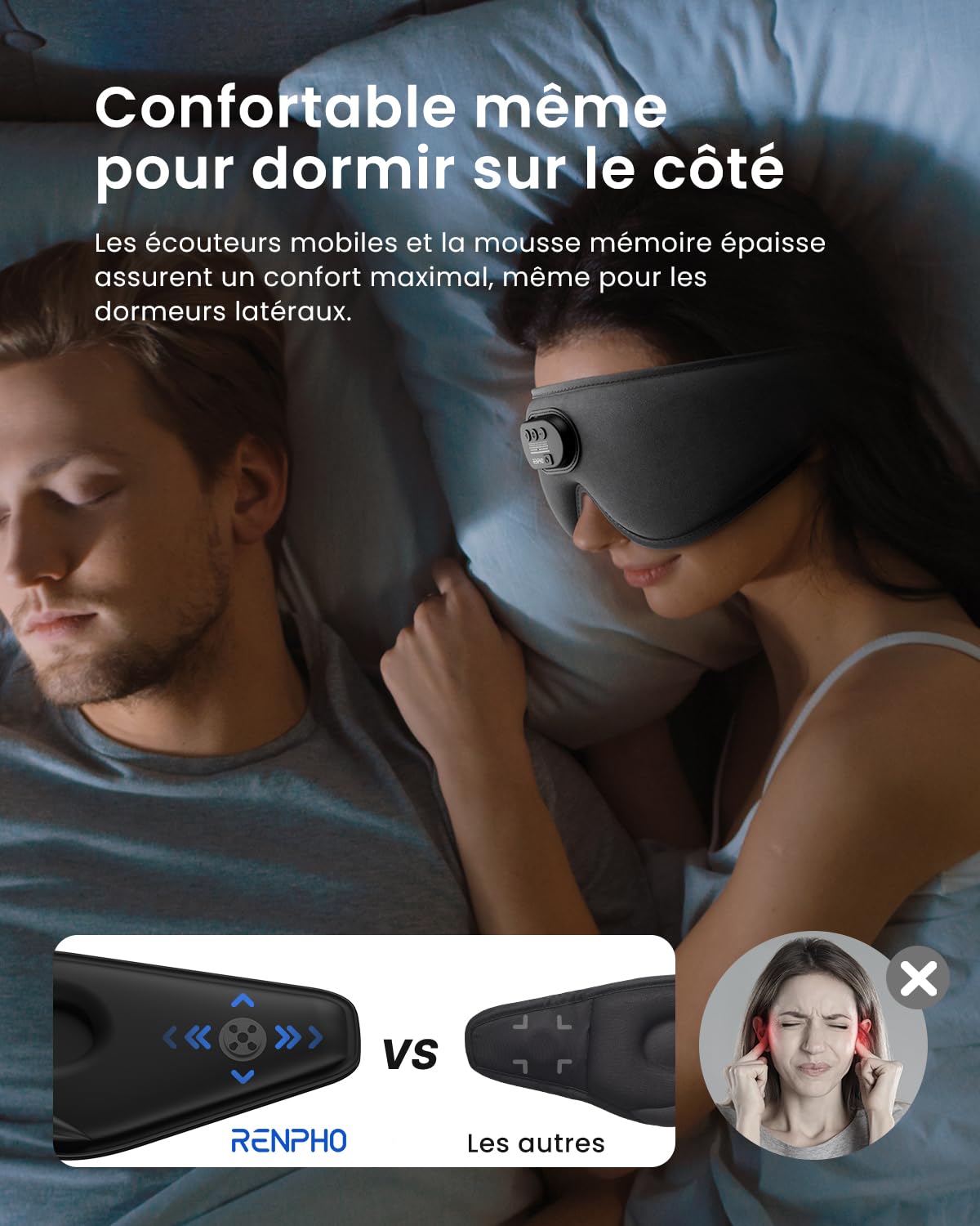 Renpho Casque anti-bruit Sommeil, Cadeau Fête des Mères, Cadeau Femme, avec écouteurs Bluetooth V5.2, Masque de Sommeil sans fil occultant 3D ultra-doux, masque oculaire confortable pour la nuit