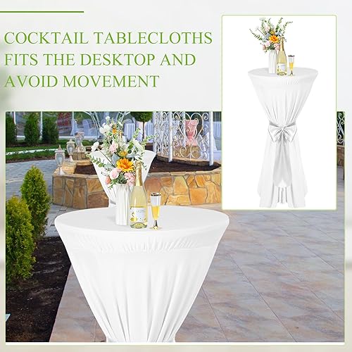 Miniatura 7 de Oudain 8 fundas para mesa de cóctel con banda de satén de 32 x 43 pulgadas, falda redonda de elastano para mesa de cóctel, mantel redondo de alta