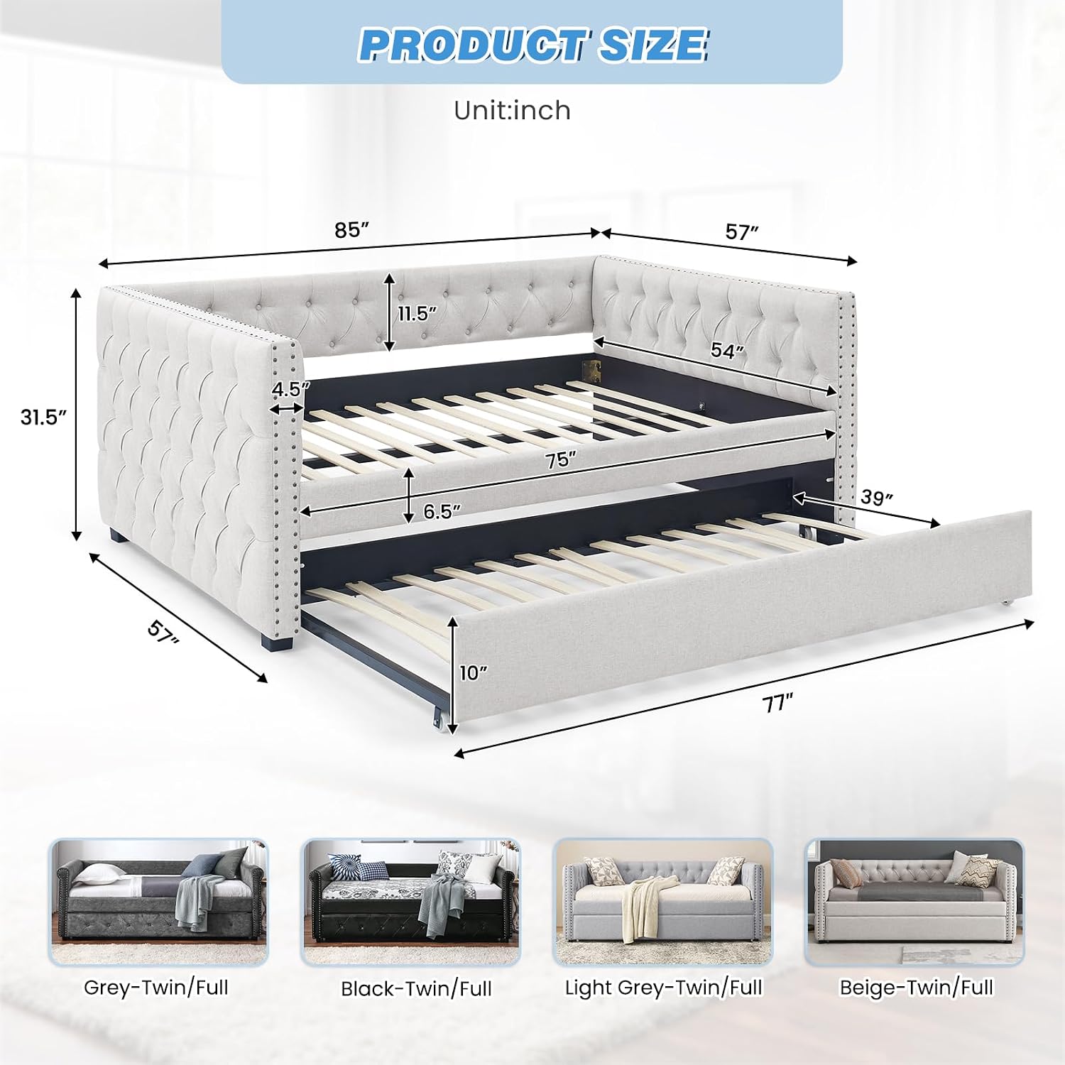 Antetek Full Size Upholstered Daybed with Trundle (Model BED01BG