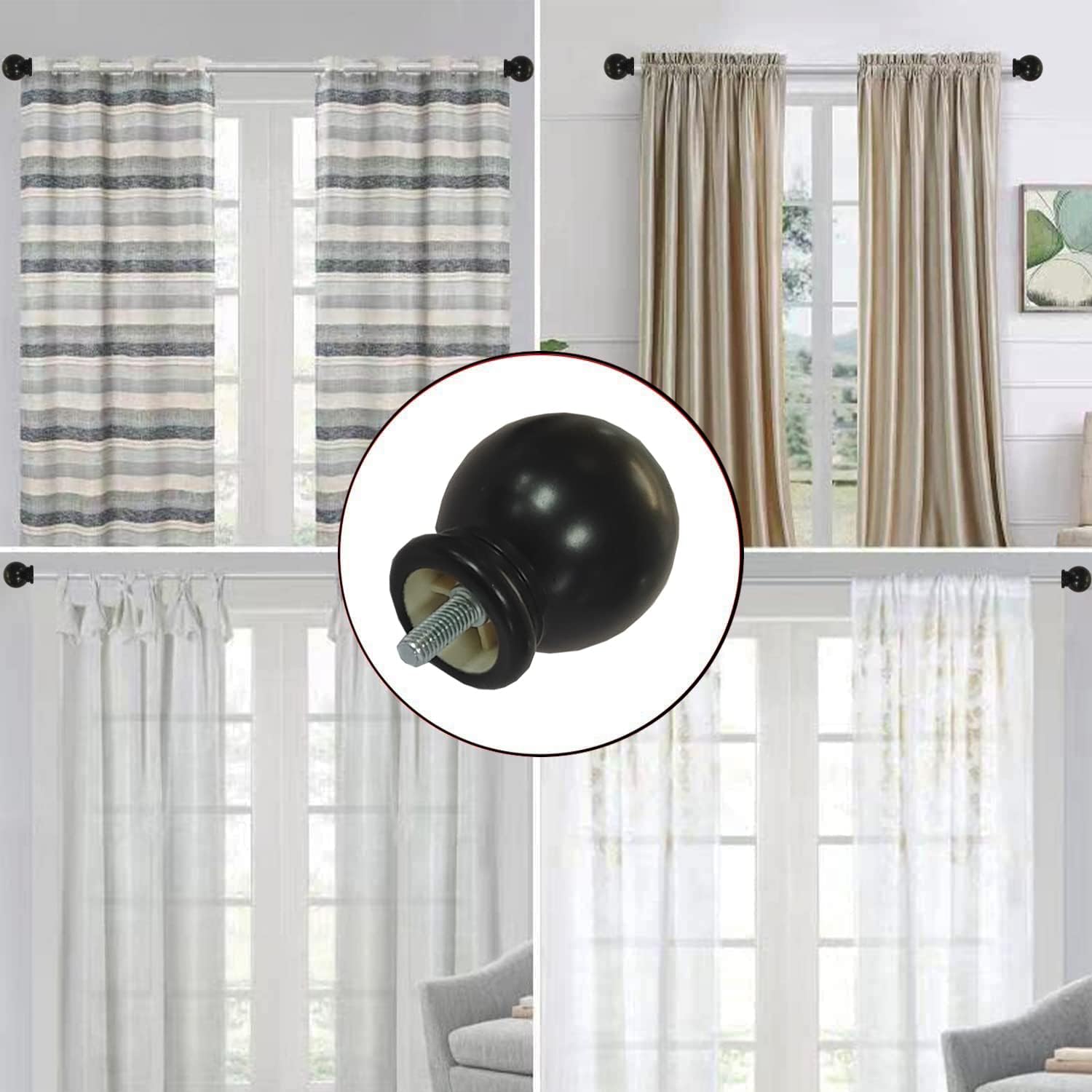 Kowibcl Finials For Curtain Rods, 4 Pcs Curtain Rod Finials for 5/8 Inch Dia Rod,Drapery Rod Finials of Ball Shape,M5 Thread Dia(Black) : Home & Kitchen