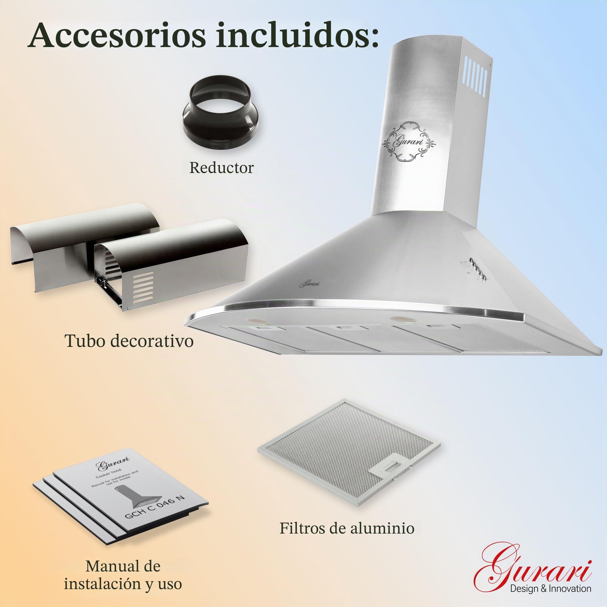 Gurari 046 IS Campana Extractora de Pared 90 cm • 1000 m³/h • Lujo • 3 Velocidades • LED • Acero Inoxidable • Recirculación Posible