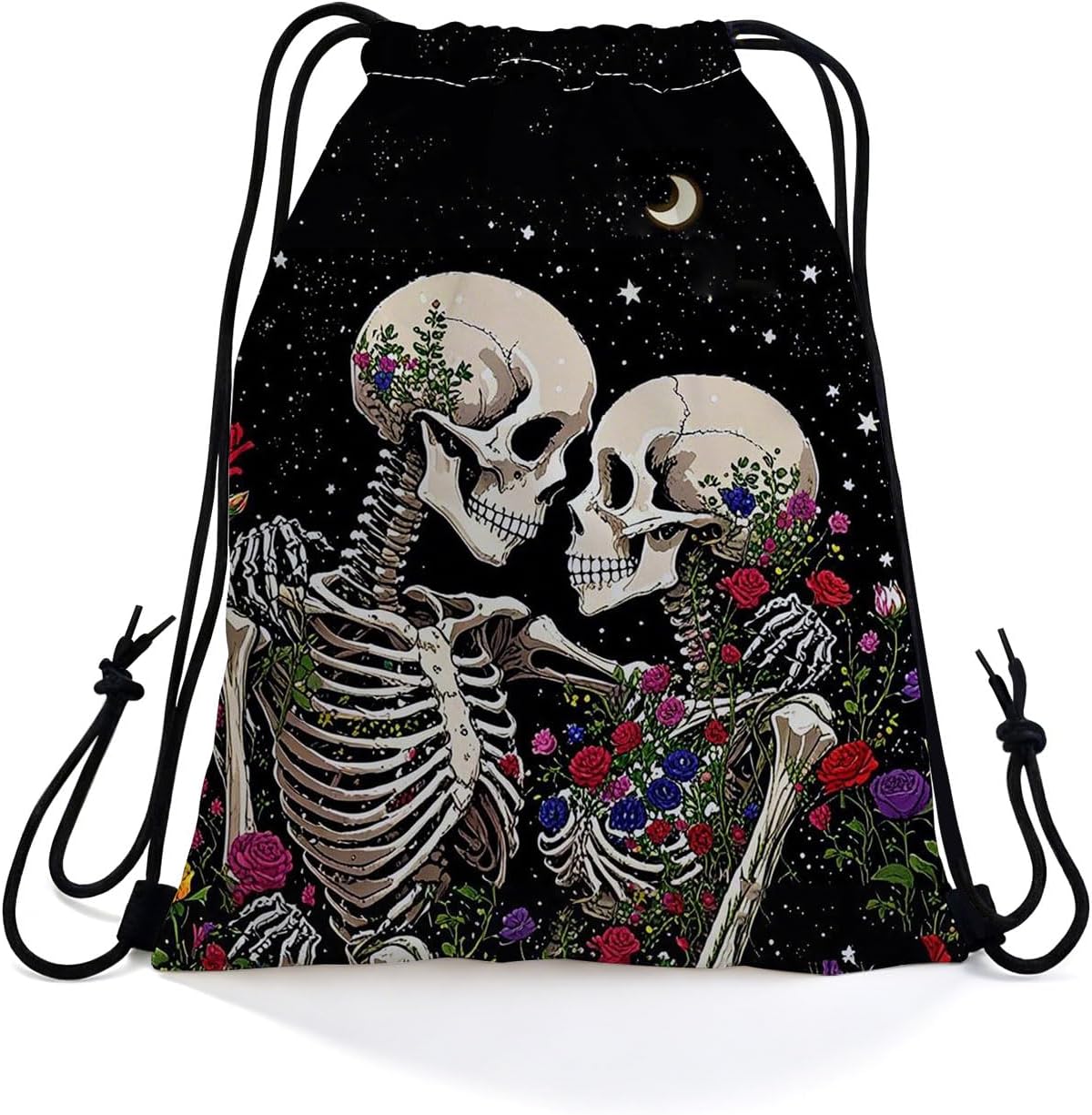Floral Skeleton Dual-Sided Print Drawstring Bag