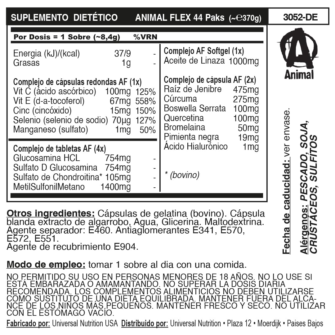 ANIMAL Flex Comprehensive Joint Care - 4 Complejos Unicos para Articulaciones, Huesos y Cartílagos - con Glucosamina y Acido Hialurónico - 44 Paquetes