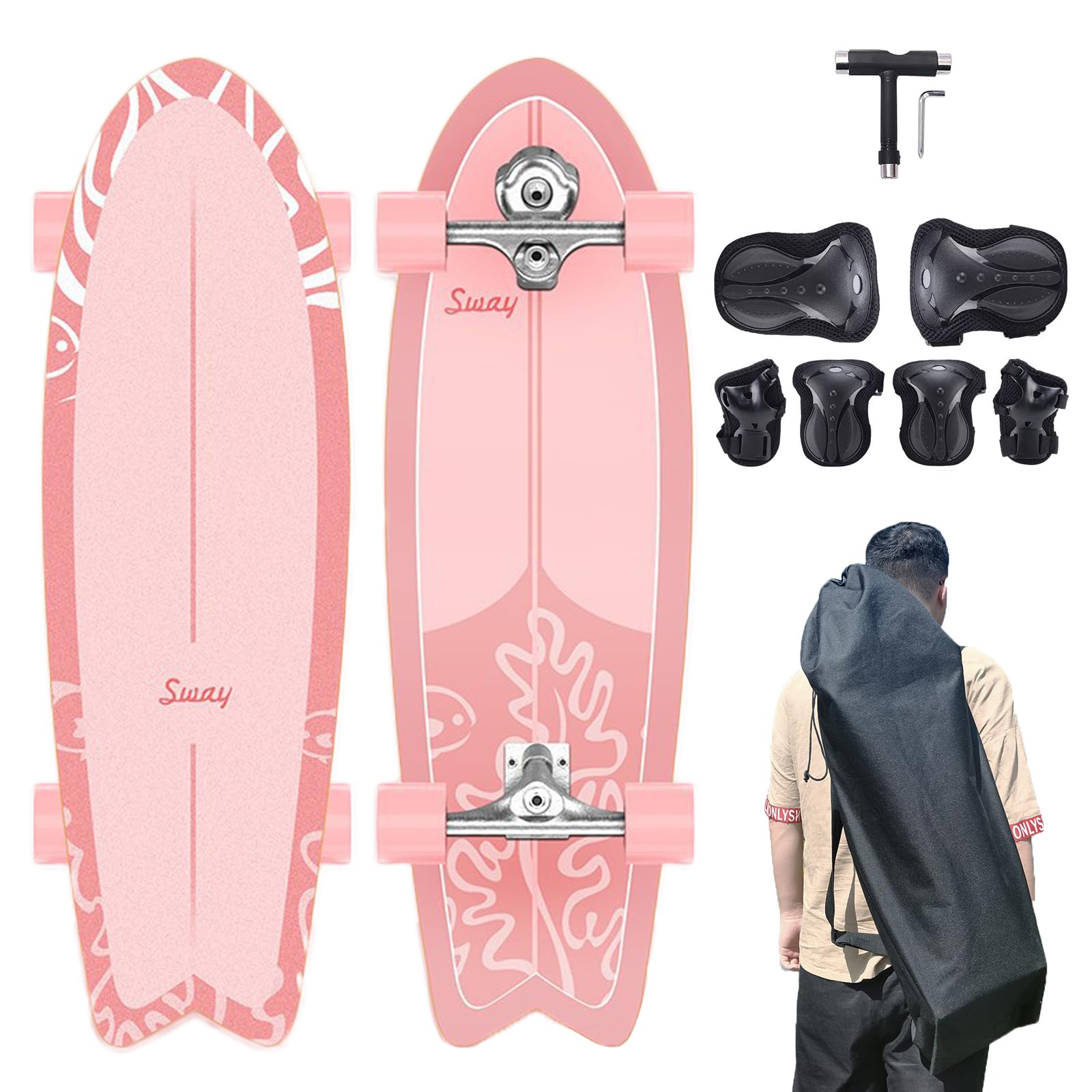 Surfskate 32" Skateboard, Tabla de Surf Skate, S5 Truck Skate Completo, ABEC-9 Monopatin Surf, 85A Pump Surf Skate, Unisex Adulto Niños con 6 Piezas de Equipo de protección y una Mochila