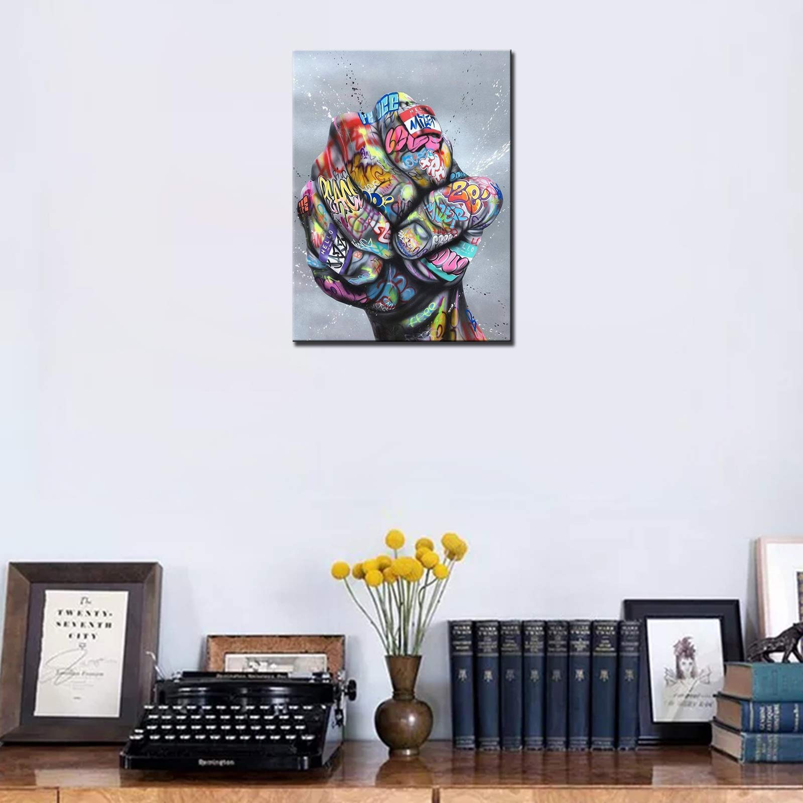 Norse Decor Abstract Graffiti Picture Clenched Fist Painting Banksy Street Art Artwork for Man Cave 1 Panels Canvas Wall Art HD Prints Home Modern Decor Framed Giclee Ready to Hang(12''Wx16''H) - Image 3