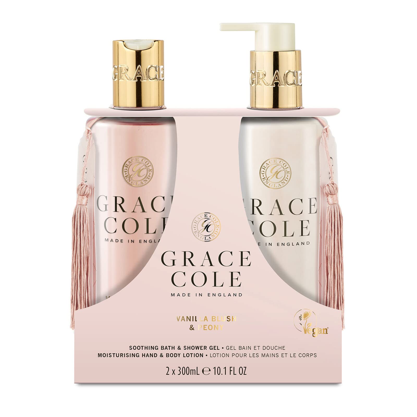Grace Cole: Vanilla Blush & Peony Body Care Duo Set - 2 X 300ml Anti-Ageing Anti-Bacterial Cleansing Eco-Friendly Freshening Hydrating Moisturising Set of 2 Softening