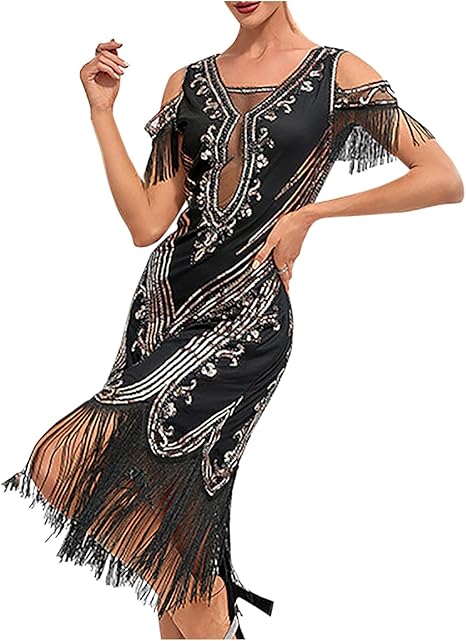 Abito Anni 20 Con Paillettes E Frange - Vestito Da Sera Donna Per Feste A Tema Charleston E Carnevale