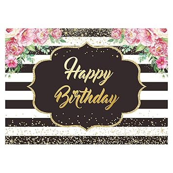 Funnytree 7x5FT Happy Birthday Backdrop Black and White Stripes Flower Sweet 16th 20th 30th Party Banner Decoration Supplies Floral Gold Photography Background Selfie Photobooth Prop