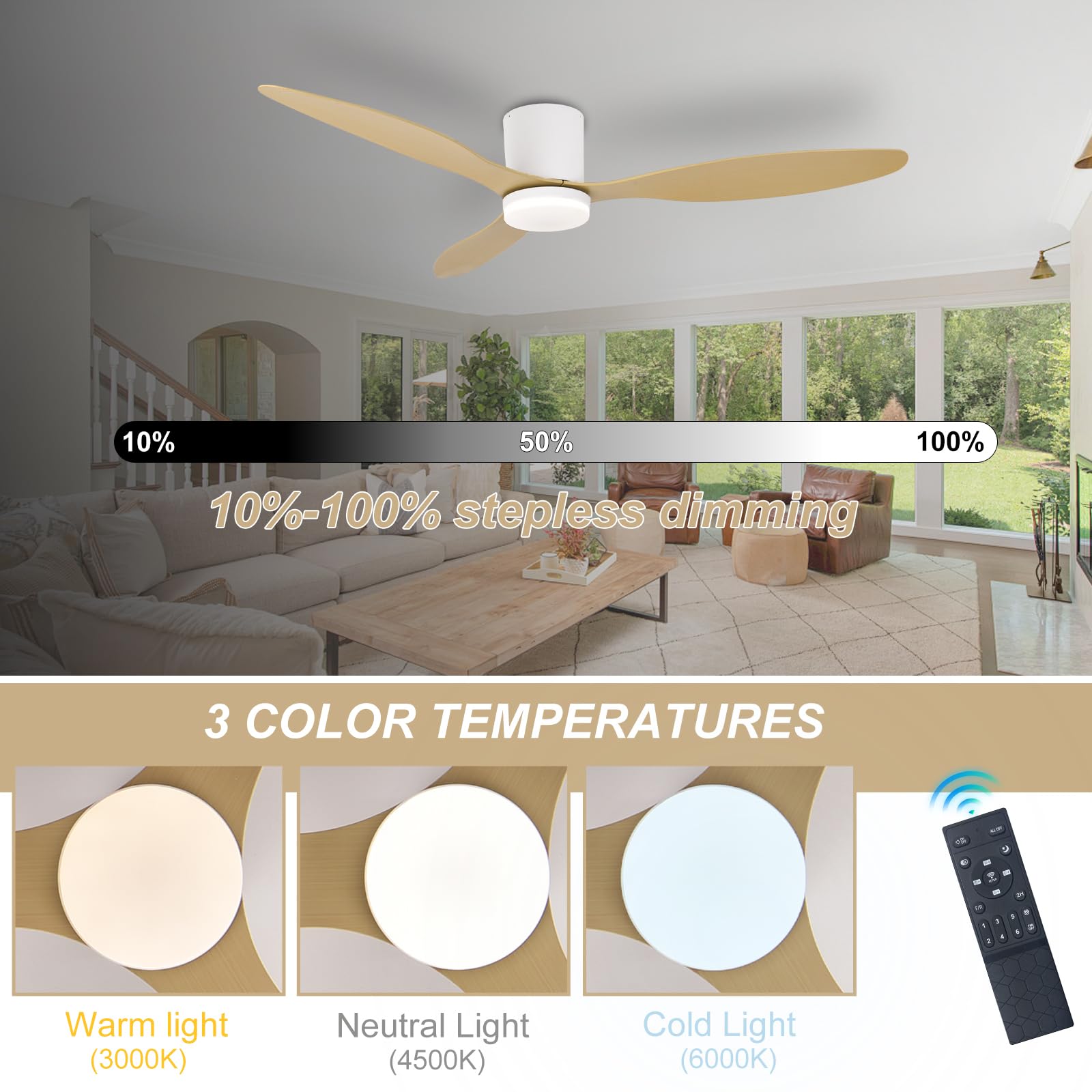 Lrenjon Ventilateur Plafond 100cm Avec Lumière Et Télécommande - Silencieux 3 Couleurs LED 6 Vitesses - Bois Grain