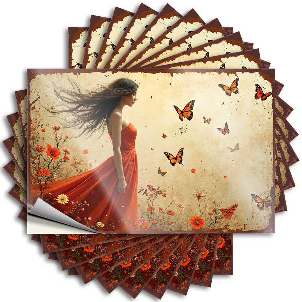 Girl in Red Dress Amidst Fluttering Butterflies and Wildflowers Farmhouse Great - Sticker Bumper Waterproof Decal(8X12CM)
