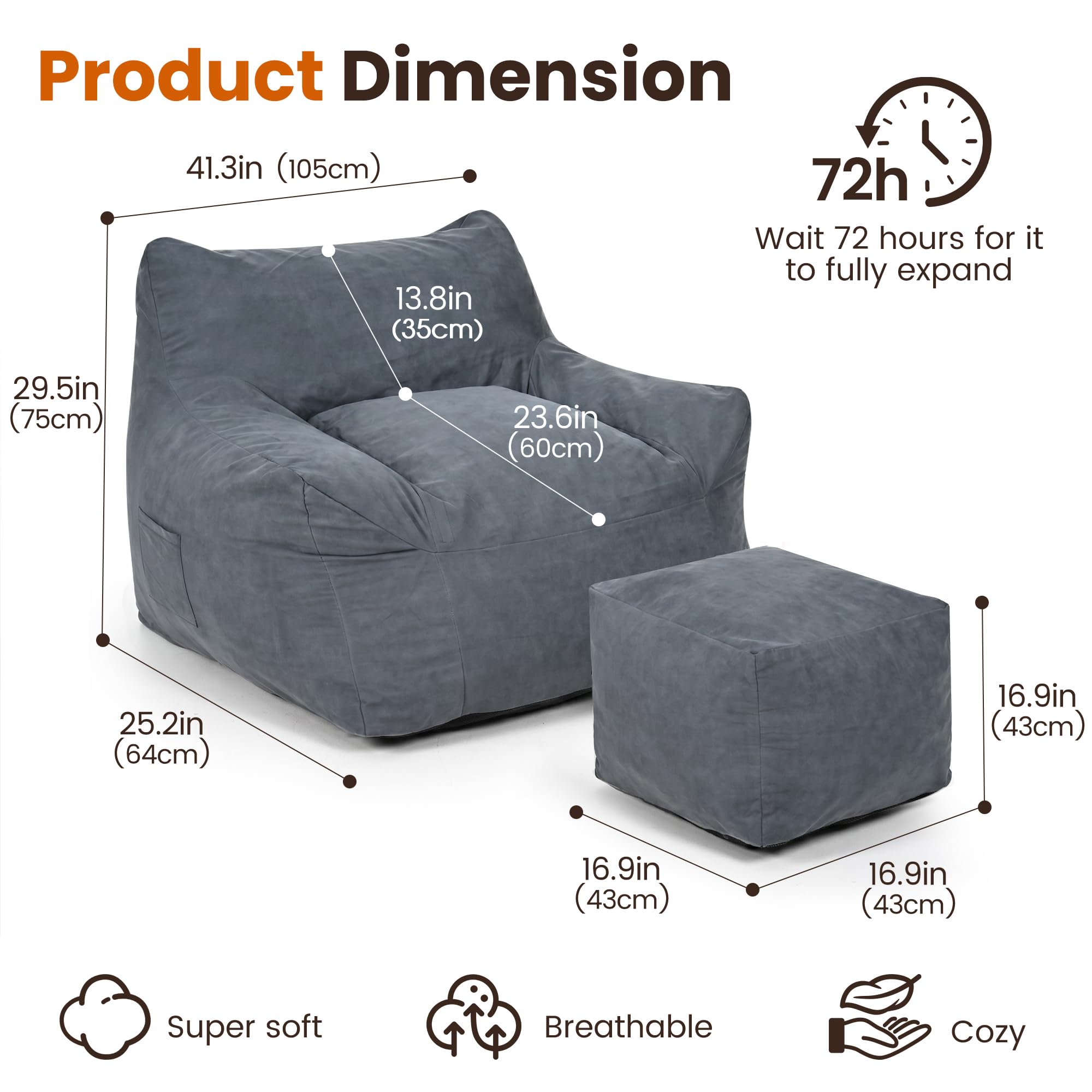 Pamapic Pouf a sacco per adulti con imbottitura, moderno ed ergonomico, con poggiapiedi, grande divano, tessuto impermeabile, uso interno ed esterno, grigio scuro