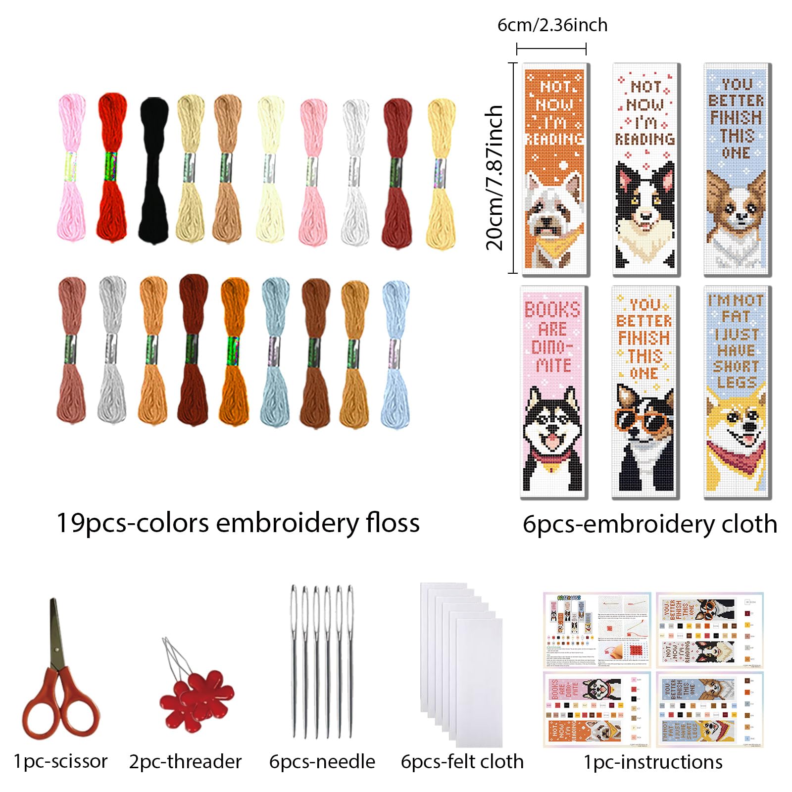 FREEBLOSS 6 Set Puppies Stamped Cross Stitch Bookmark Kits Cross Stitch Kit Embroidery Bookmarks Kit for Adults Beginners with Backing Felt Embroidery Floss DIY Bookmark Kit for Book Lovers 8x2.4''