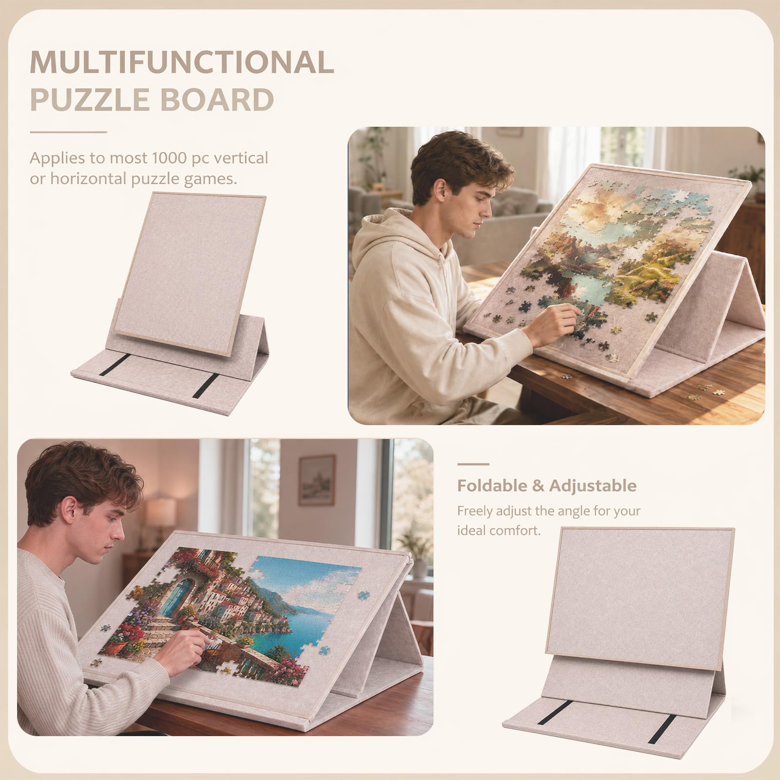 Plateau de Puzzle Pliable 1000 Pièces avec 6 Bols de Tri Colorés, Couverture 2-en-1 et Support de Puzzle, Camel