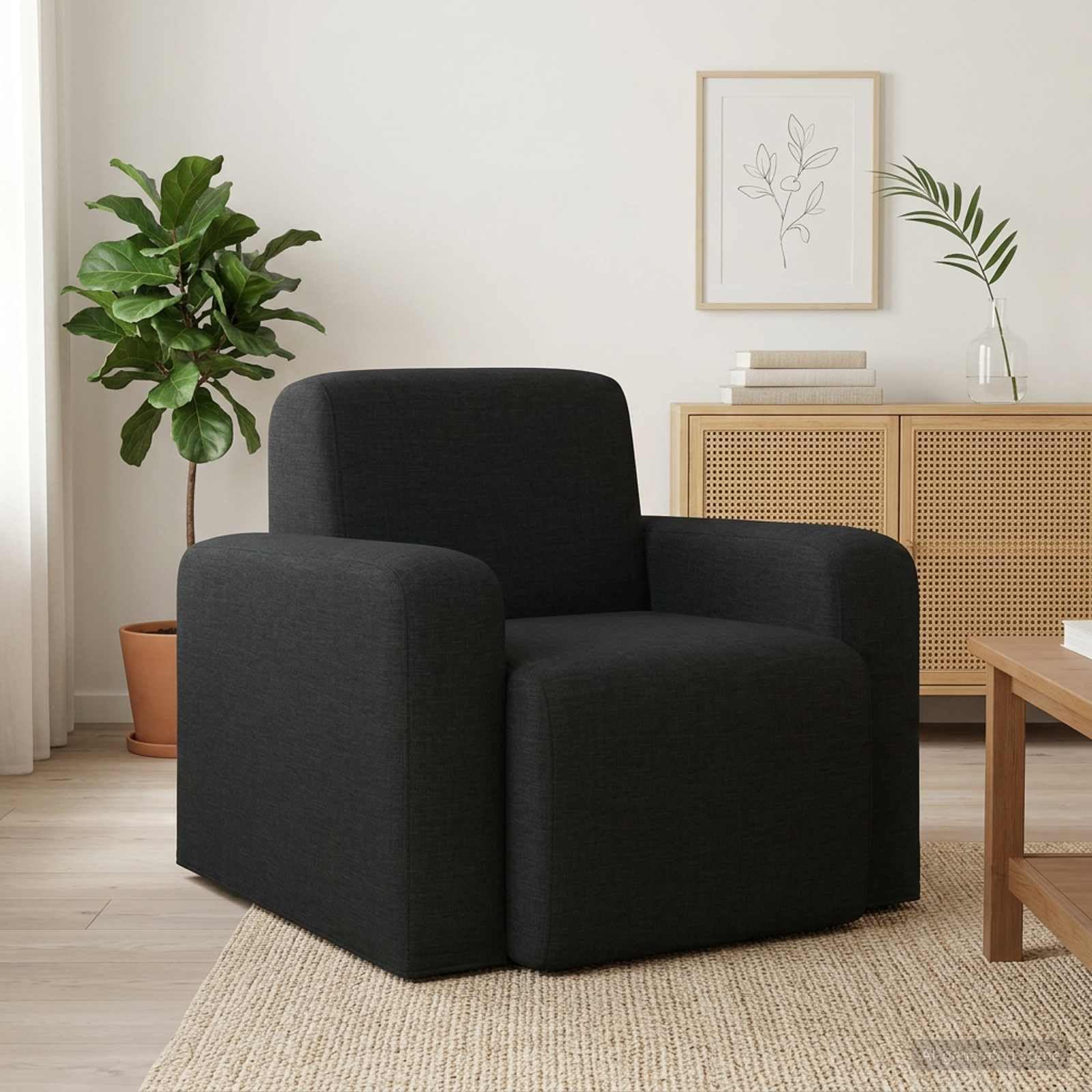 Poltrona moderna in tessuto nero con struttura in legno, schienale regolabile, braccioli e funzione girevole, ideale per soggiorno, camera da letto o lounge