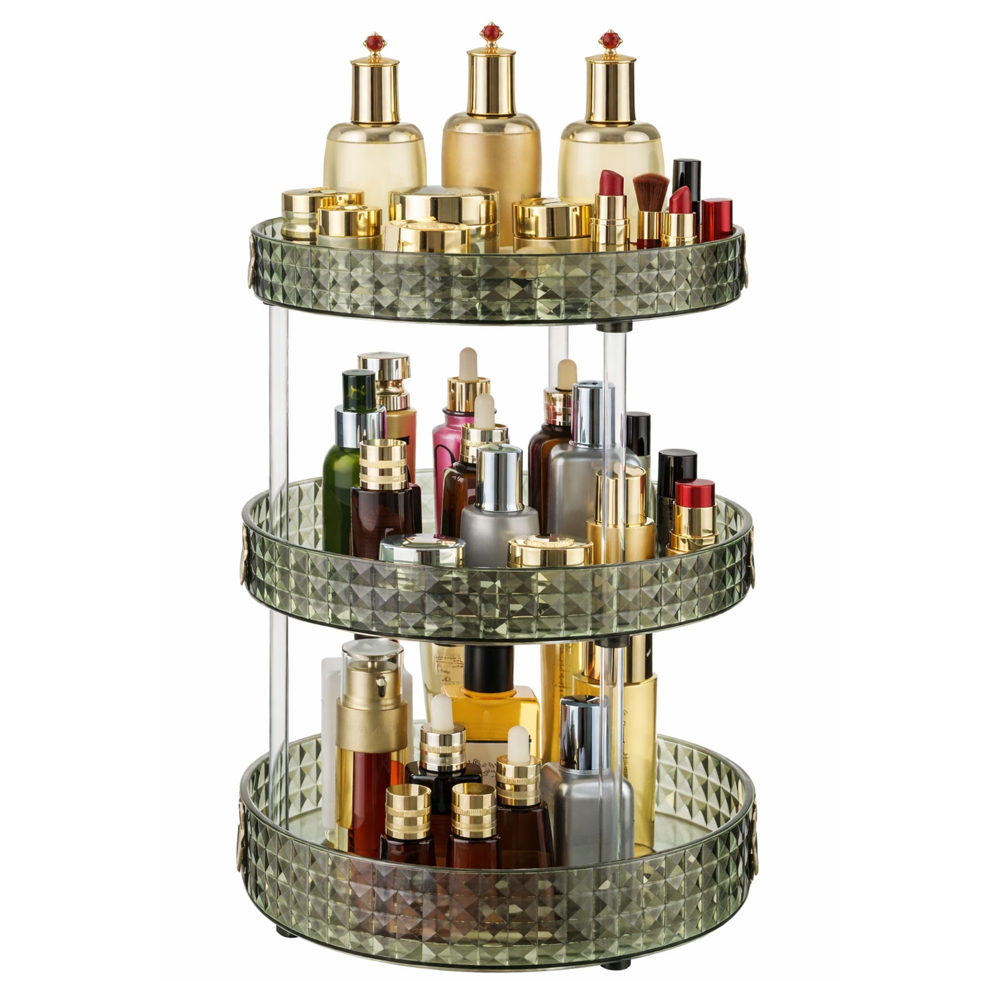 Panzy Home Green 360° Rotating Makeup Organizer Bathroom Carousel Spinning Holder Rack, Large Capacity Cosmetics Storage Vanity Shelf Countertop Fits Cosmetics, Perfume, Skin Care, Lipsticks (3 Tiers, )