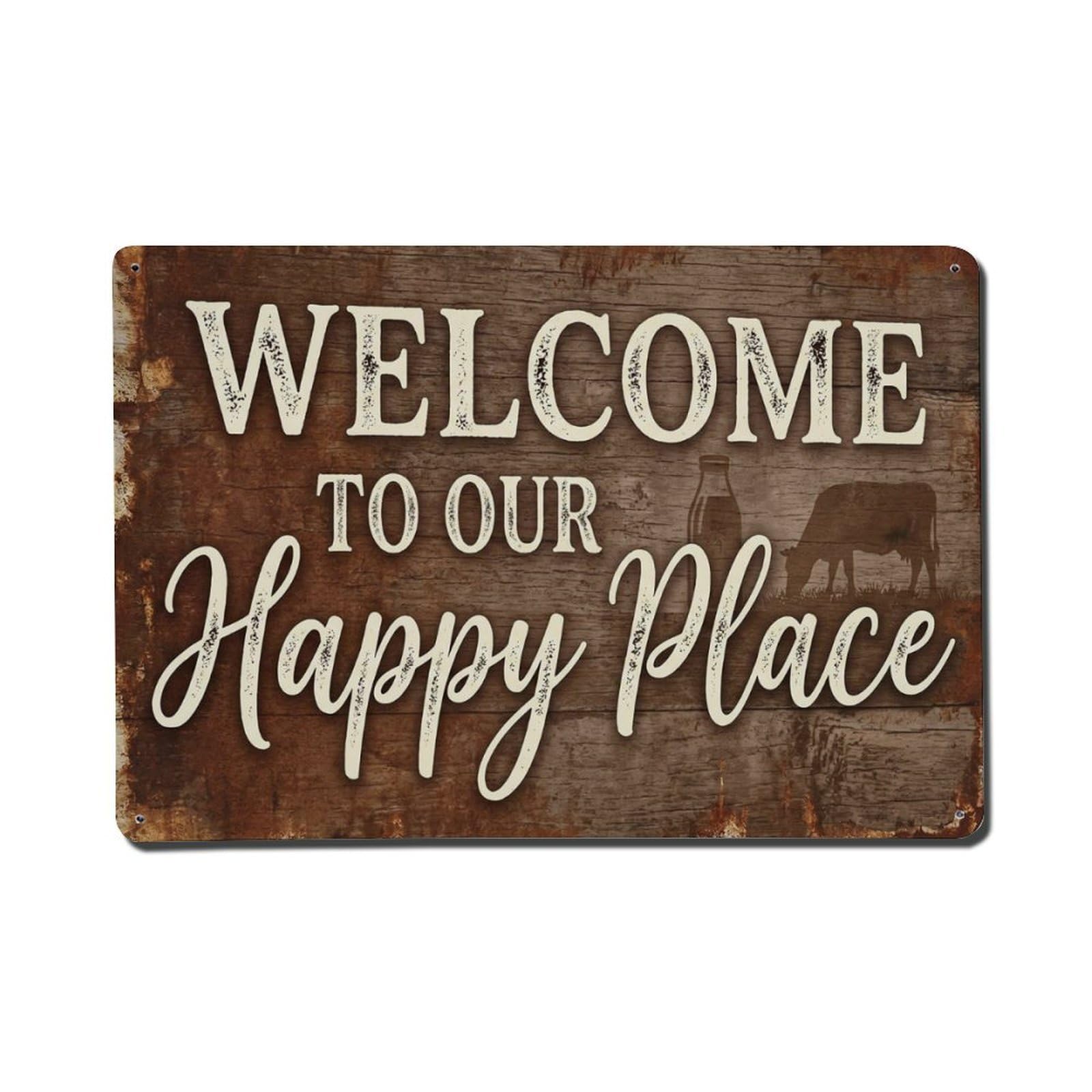 Welcome To Our Happy Place Dairy Farm1 Metal Tin Sign Plaque Wall Decor for Cafe, Club Bar, Office, Home Garden Metal Poster 8x12Inch