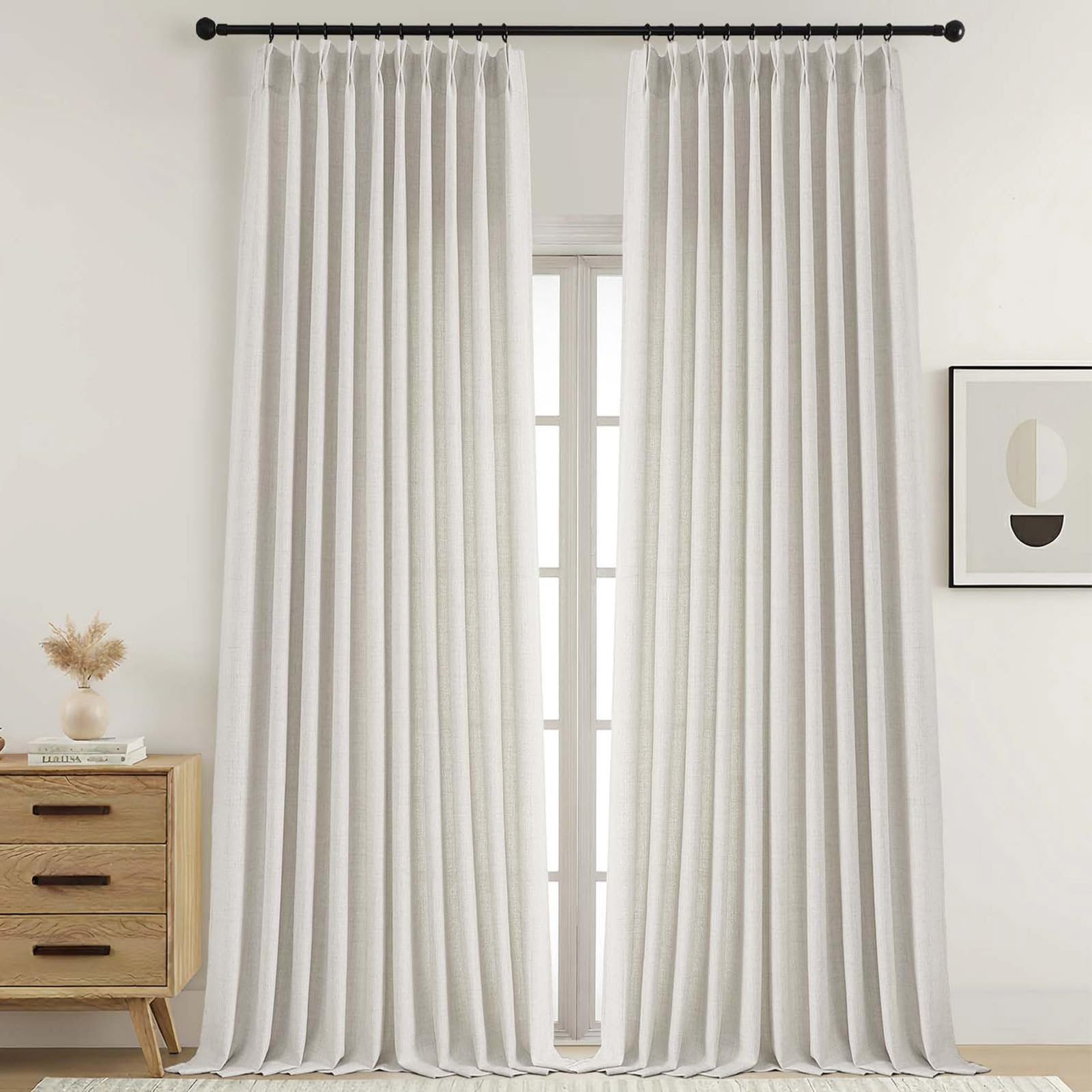 Ebesto Extra Wide Pinch Pleated Natural Curtains 108 Inches Long, Soft Airy Textured Light Filtering Window Curtains for Patio Sliding Glass Door, Back Tab Modern Drapes, 9FT, 2PCS, 2x60Wx108L Inches