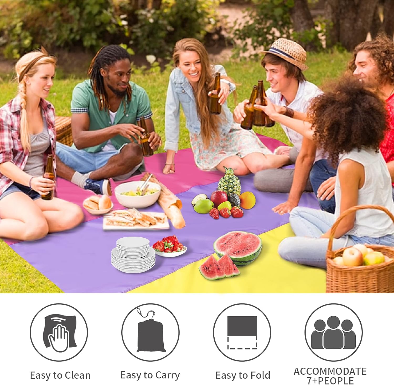 X-CHENG Beach Blanket Sandproof-79 X 83" Outdoor Blanket for 4-7 Adults Beach Mat,Beach Accessories,Heat Resistant Water Resistant Lightweight Mat for Travel, Camping,Picnic Includes 4 Anchors Stakes: Kitchen & Dining