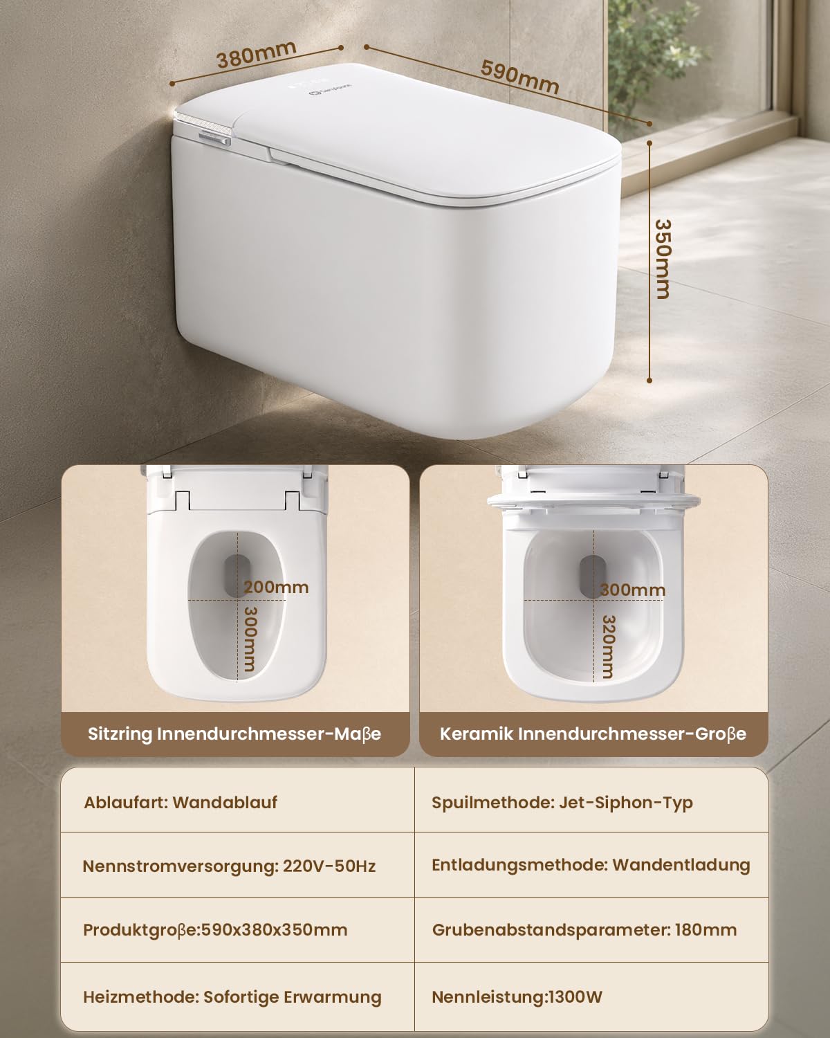 SG06PRO-MUTE kompletny zestaw do WC ze zbiornikiem na wodę, kwadratowa toaleta wisząca, funkcja bidetu i redukcja hałasu, elektryczna toaleta: ogrzewanie siedzenia, automatyczna pokrywa, tryb