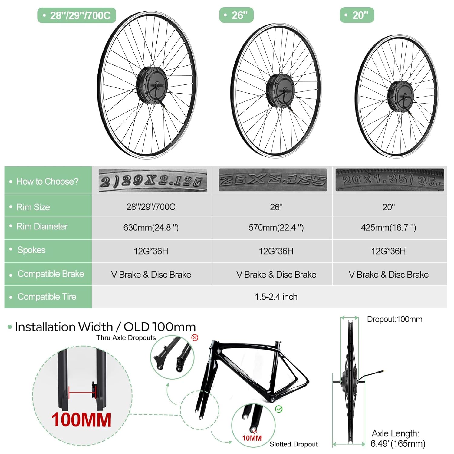 Diagram showing different wheel sizes (28/29/700C, 26, 20 inches) with their rim diameters and spoke configurations, along with a diagram illustrating the 100mm front dropout and 10mm fork aperture for installation.