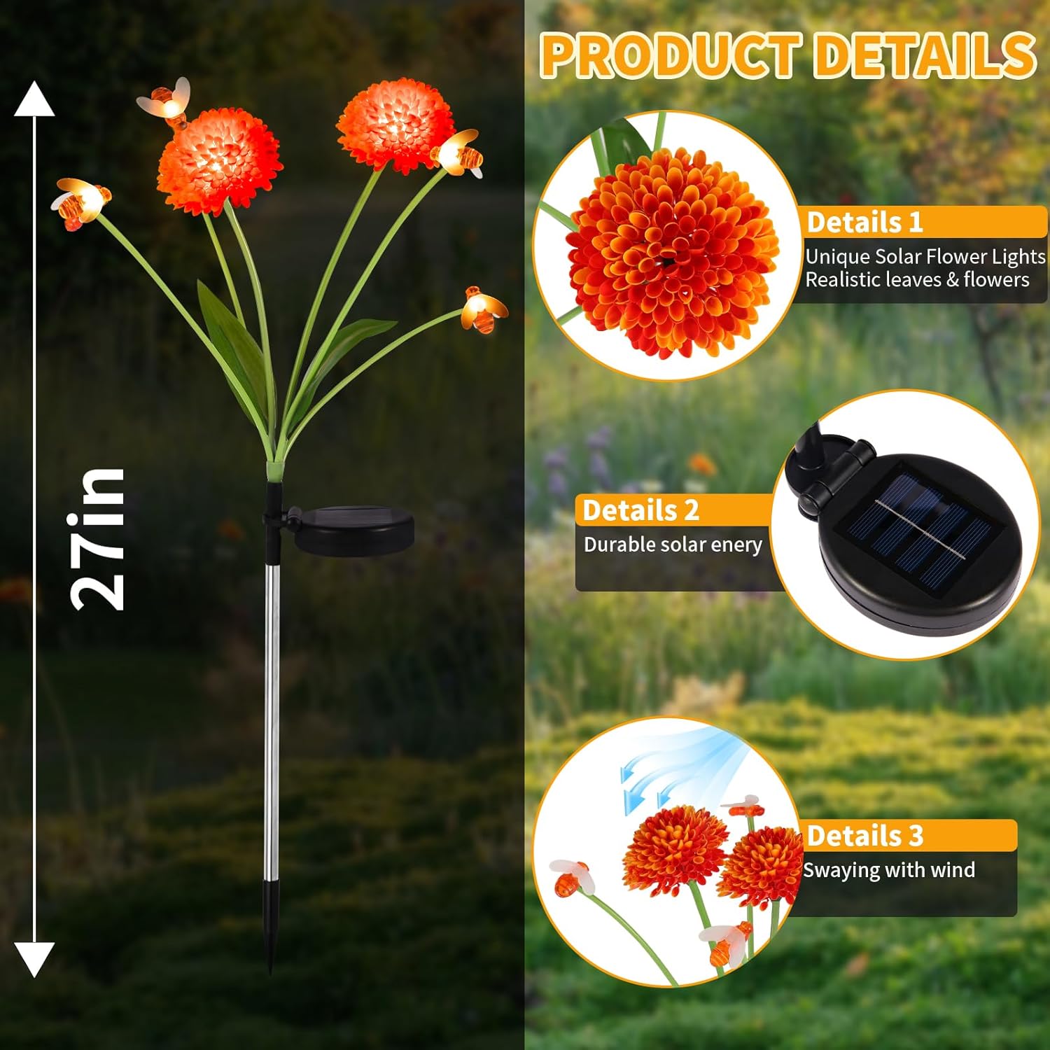 Solar Garden Lights Outdoor, 4 Pack Solar Flowers Lights with Bee, Waterproof Solar Lights Outdoor for Yard, Grave, Pathway, Landscape, Party, Garden Decor, Gifts for Women, Mom Grandma
