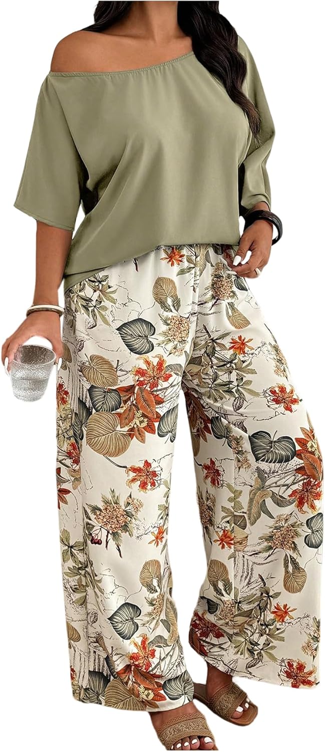 SOLY HUX Women's Plus Size 2 Piece Vacation Outfits Off The Shoulder 3/4 Sleeve Top and Boho Print Pants Set