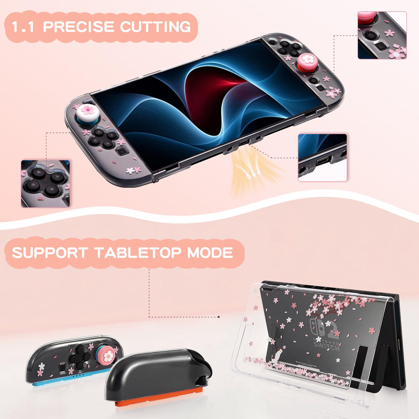 OLDZHU Hülle kompatibel mit Nintendo Switch 2 (2025) mit Displayschutz Aus Gehärtetem Glas und 4 Daumenkappen,Rosa Dockable Schutzhülle,Schockabsorption und Geteilte Konstruktion (Kirschblüten) - 4