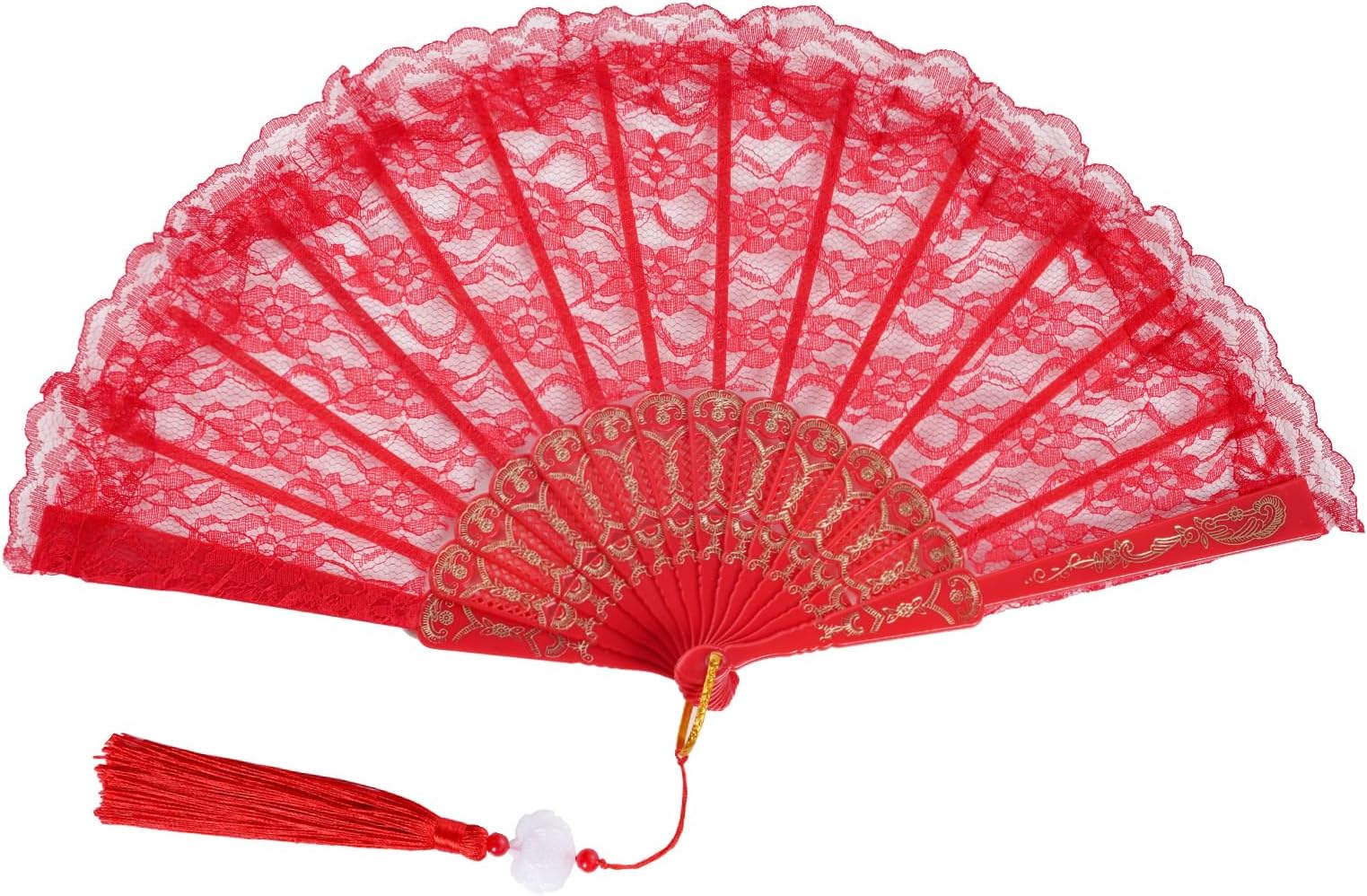 Jmkcoz Lace Handheld Folding Fan Embroidered Flower Bridal Hand Fan Chinese Japanese Vintage Fan for 1920s Costume Wedding Dancing Tea Party (1, Red)