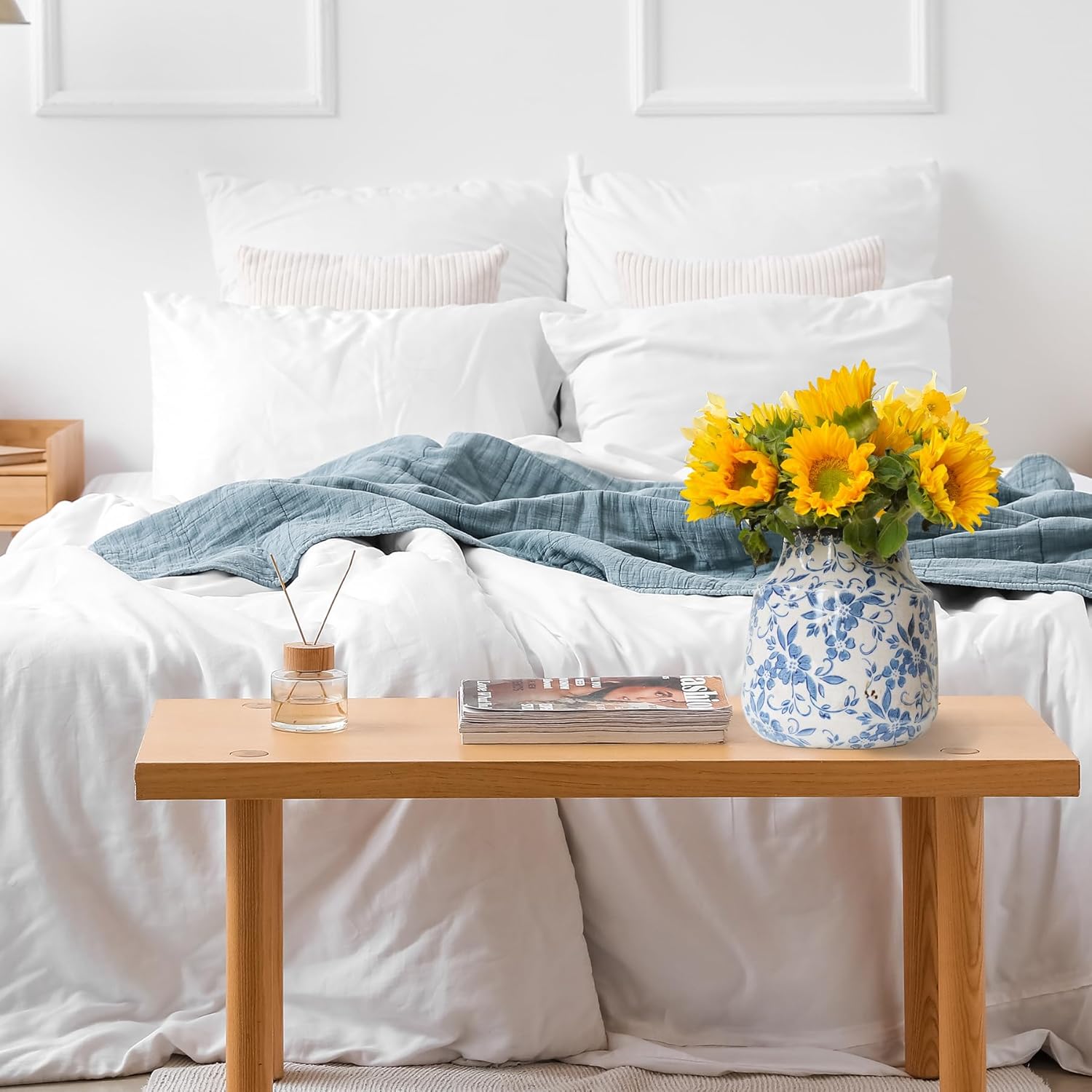 Blue and White Ceramic Vase 7” – Vintage Floral Pottery Vase with Crackle Glaze For Greenery, Branches, Small Bouquets – Farmhouse Cottage Table Shelf Mantel Decor – Waterproof Flower Vase