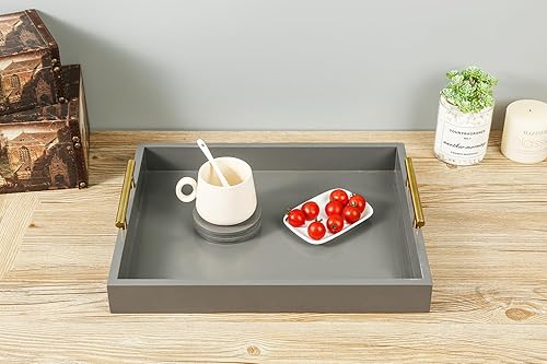 Miniatura 2 de Bandeja de servicio de 16.5 x 13 pulgadas, bandeja otomana de madera de lujo para mesa de café con asas de metal dorado pulido y 4 posavasos,