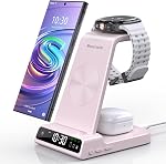 Wireless Charger for Samsung Charging Station: 3 in 1 Android Charging Stand with Dimmable Clock - Nightstand Organizer for Galaxy S25 Ultra, Galaxy Watch 8 7 6 5 4, Galaxy Buds, Space-Saving Charger