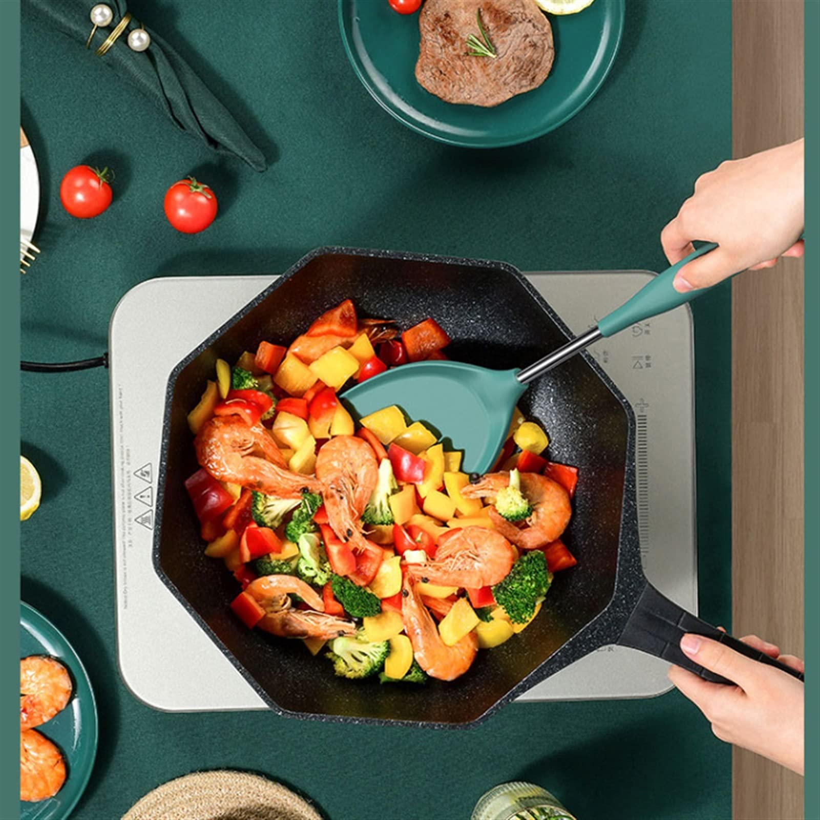 Spatule Ensemble de 4 spatules en silicone - Spatule en silicone antiadhésive haute température et brûlure, pour ustensiles de cuisine antiadhésifs Crêpes Poisson (vert foncé) Spatule de cuisson
