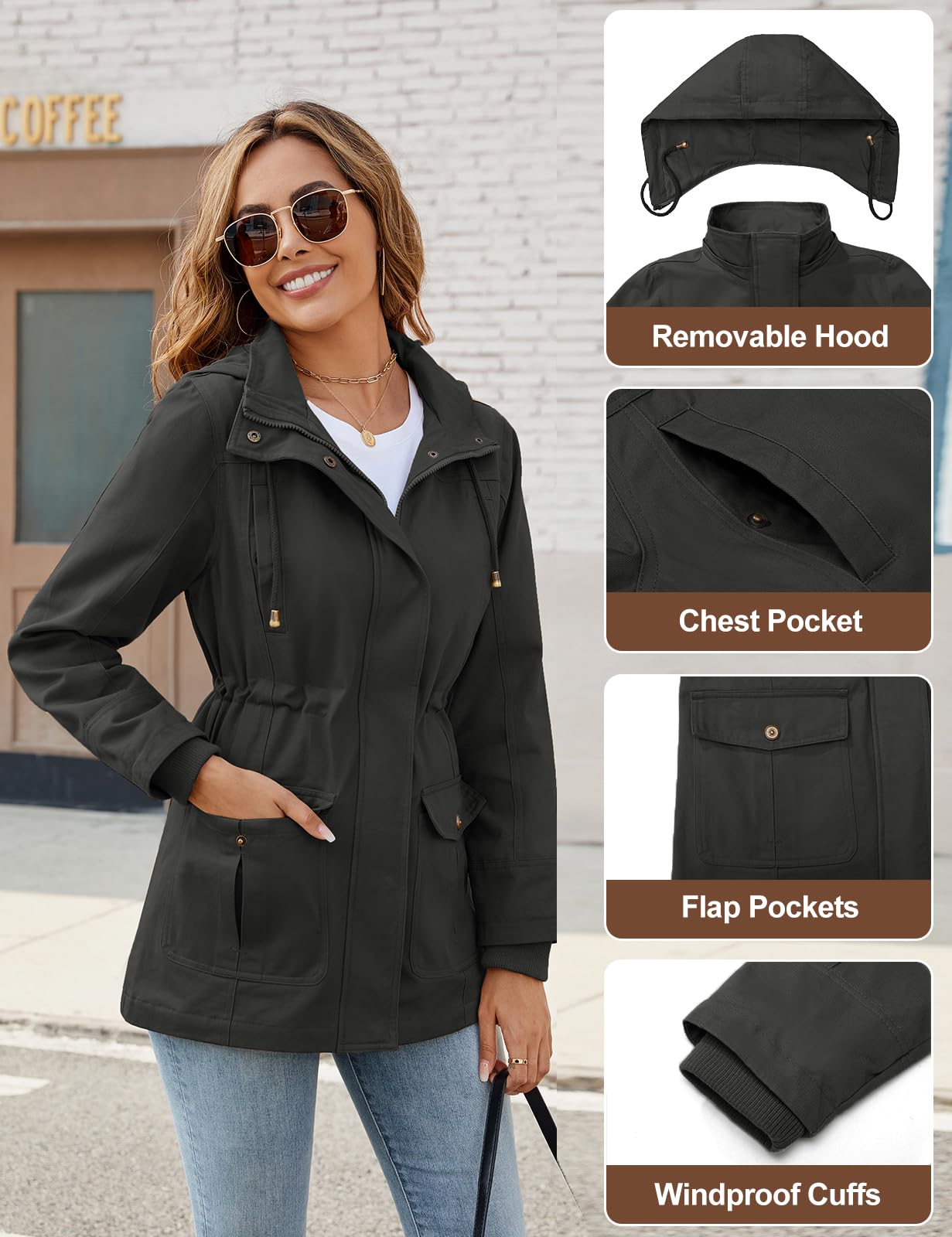 Vancavoo Veste Femme mi Saison Manteau Printemps Parka en Coton Blouson avec Capuche Légères et Décontractées Jacket Coat Classique Automne Hiver Outwear
