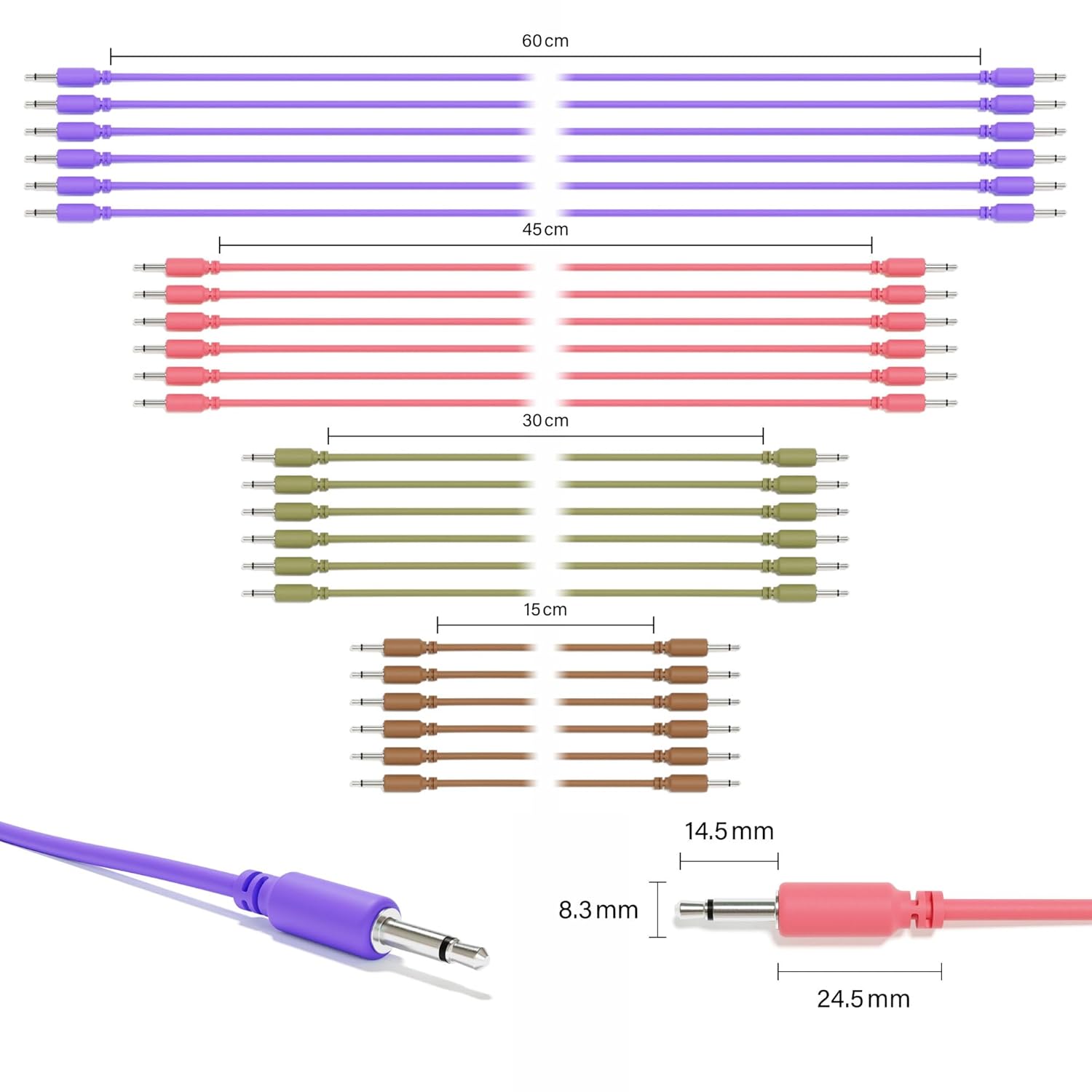 24-Pack - Mono Modular Patch Cables TS 3.5mm 1/8 inch Eurorack Synthesizer [24C-Pack]