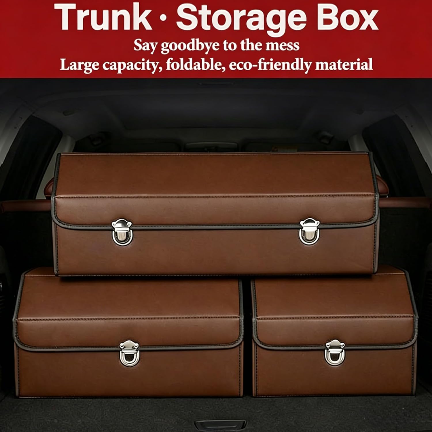 Leather Storage Box Car Trunk Organizer for Trunk SUV Sedan, Foldable Storage Box with Lid (Brown 29.5" L*12.2" W*11.8" H)