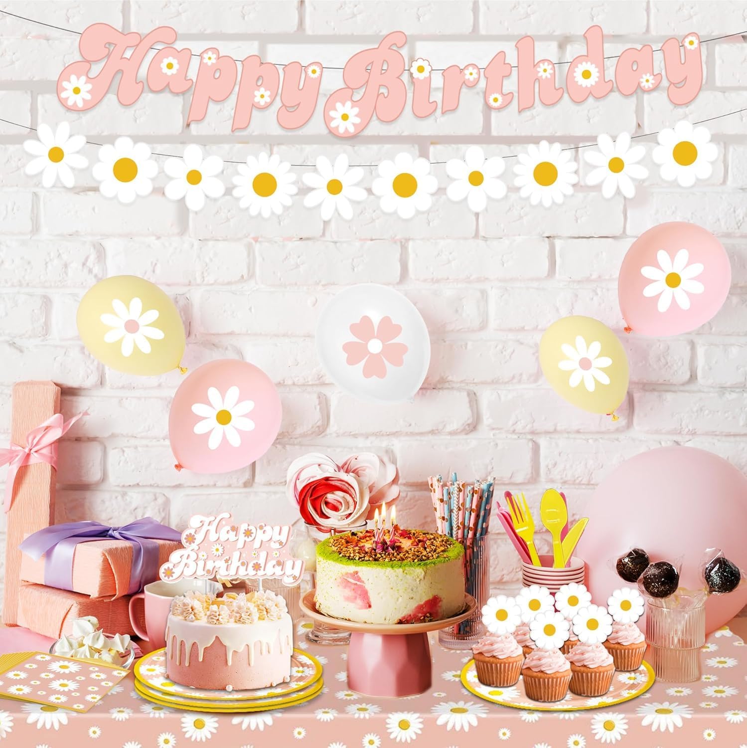 Daisy Party Decorations for Girls – 169 PCS Pink Flower Party Supplies Set with Plates, Napkins, Banner, Balloons, Tablecloth, Stickers, Backdrop for Kids Girls Birthday Baby Shower Wedding Decor