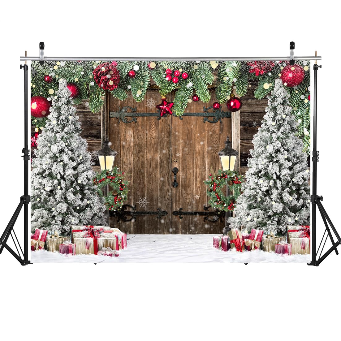 WOLADA Rustic Christmas Backdrop Barn Door Backdrops for Photography Xmas Tree Snow Back Drop 10x8FT 12585
