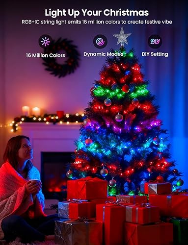 Miniatura 9 de Guirnalda de luces inteligentes RGB+IC con 300 LED, luces de Navidad que cambian de color para interiores de 98 pies, aplicación y control remoto,