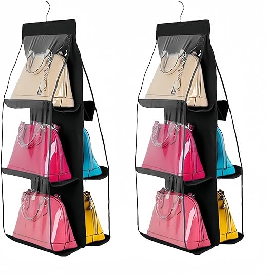 HAN SHENG 6 Pockets Clear Handbag & Purse Organizer Hanging Bag Storage - Space Saving Hanging Shelf for Closet, Wardrobe, Over Door (2 Pack, Black)