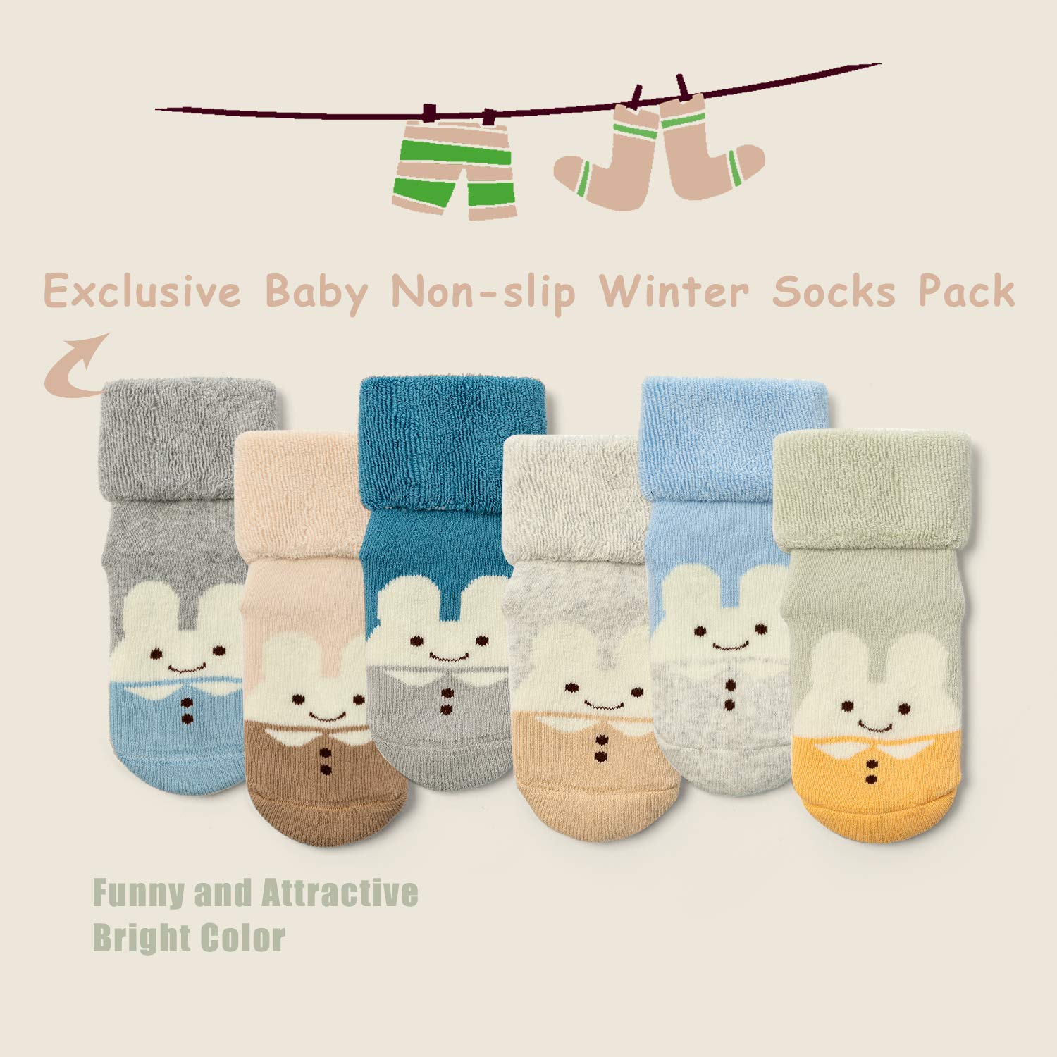 Toddler Warm Socks With Grips For Boys Non Slip Winter Socks Girls Thick Crew Socks 6 Pack 2-4 Years