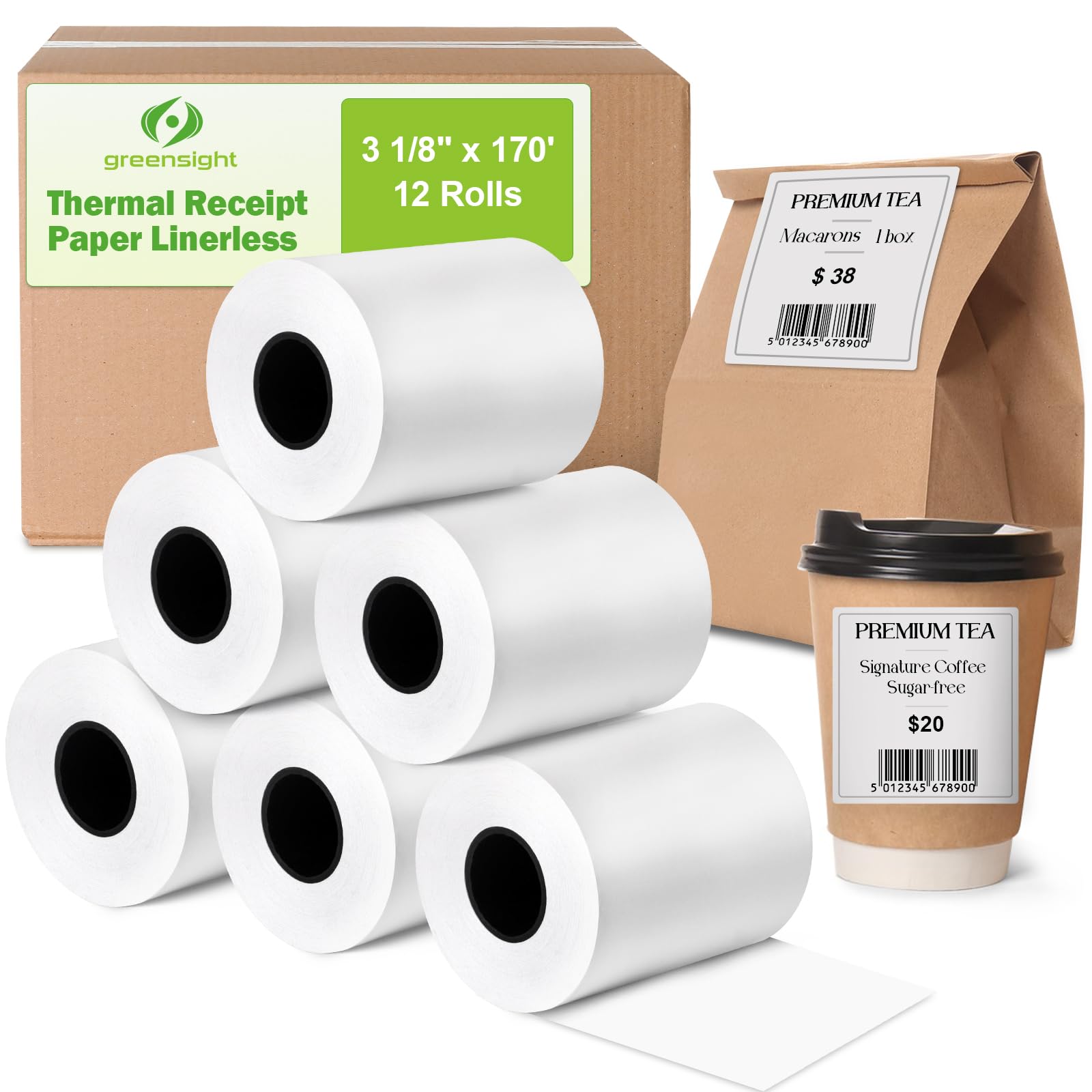 Photo 1 of (12 Rolls) 3 1/8" x 170' Sticky Thermal Receipt Paper Linerless Label (80mm) Wrinkle-Free Adhesive Upgraded Stickers, Compatible with Epson TM-L90 and Other Liner Free Label Printers, Kitchen Order
